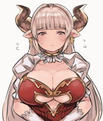 Rule 34 | 10s, 1girl, alicia (granblue fantasy), blush, breasts, brown eyes, center opening, cleavage, cleavage cutout, clothing cutout, demon horns, draph, dress, earrings, flying sweatdrops, frown, gloves, granblue fantasy, horns, jewelry, large breasts, long hair, looking at viewer, pointy ears, silver hair, solo, toi (toiot), upper body