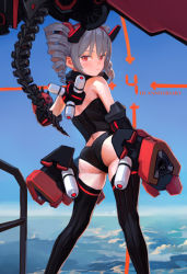 Rule 34 | 1girl, anniversary, ass, bare shoulders, black panties, blue sky, bronya zaychik, bronya zaychik (black nucleus), closed mouth, contrapposto, day, drill hair, feet out of frame, fkey, from behind, grey hair, highres, honkai (series), horizon, looking at viewer, looking back, outdoors, panties, red eyes, sky, solo, standing, twin drills, twintails, underwear