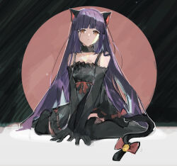 Rule 34 | 1girl, animal ears, bare shoulders, black choker, black dress, black thighhighs, blunt bangs, bow, cat ears, cat tail, character request, choker, closed mouth, copyright request, dress, highres, long hair, looking at viewer, purple hair, pyongtaro, red bow, sidelocks, sitting, sleeveless, sleeveless dress, tail, tail bow, tail ornament, thighhighs, very long hair, wariza, yellow eyes