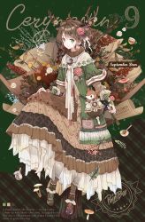 Rule 34 | 1girl, antlers, asymmetrical footwear, blush, brown hair, closed mouth, commentary request, corsage, daisy, deer, dress, english text, flower, full body, glass, green eyes, hair flower, hair ornament, hairclip, highres, holding, holding clothes, holding dress, horns, layered sleeves, liquid, long sleeves, mismatched footwear, original, plaid, plant, rednian, shoes, short over long sleeves, short sleeves, smile, uneven footwear