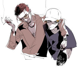 Rule 34 | 2boys, arm around shoulder, baseball cap, black hat, blonde hair, brown shirt, cigarette, collared shirt, commentary request, facial hair, glasses, goatee, hair slicked back, hand up, hat, highres, holding, holding cigarette, holding clothes, holding hat, ikuhana niiro, jewelry, long sleeves, looking to the side, loose hair strand, male focus, mouth hold, multiple boys, multiple rings, mustache, necklace, nervous smile, original, popped collar, purple eyes, purple shirt, red eyes, red hair, ring, shirt, short hair, short sleeves, side-by-side, sketch, small sweatdrop, smile, smoking, sunglasses, tareme, tinted eyewear, very short hair, watch, white hat, wristwatch, yellow-tinted eyewear