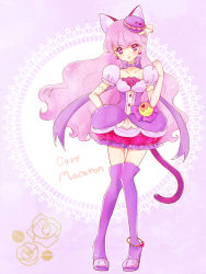 Rule 34 | 10s, 1girl, animal ears, blush, boots, cat ears, cat tail, character name, choker, cure macaron, dress, earrings, elbow gloves, english text, extra ears, eyelashes, food-themed hair ornament, gloves, hair ornament, high heel boots, high heels, jewelry, kirakira precure a la mode, kotozume yukari, long hair, looking at viewer, magical girl, nene (oneoneo13), precure, puffy sleeves, purple background, purple dress, purple eyes, purple footwear, purple hair, purple theme, purple thighhighs, ribbon, ribbon choker, solo, tail, thigh boots, thighhighs, wavy hair, white gloves