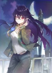 Rule 34 | 1girl, absurdres, closed mouth, crescent moon, green jacket, grey pants, hand up, highres, hougu souji, irina luminesk, jacket, long hair, looking at viewer, moon, night, night sky, open clothes, open jacket, pants, pointy ears, purple hair, railing, red eyes, rocket, shirt, sky, solo, standing, star (sky), starry moon, starry sky, tsuki to laika to nosferatu, white shirt