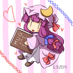 Rule 34 | 1girl, 2014, bad id, bad pixiv id, book, capelet, chibi, crescent, crescent moon, dated, dress, hair ribbon, hat, long dress, long hair, looking at viewer, mob cap, moon, mukyuu, multicolored background, natsuki (silent selena), patchouli knowledge, purple hair, purple hat, ribbon, smile, solo, touhou, tress ribbon, wide sleeves, | |