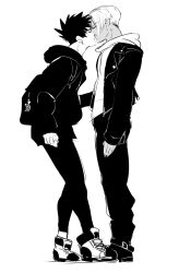 Rule 34 | 2boys, backpack, bag, closed eyes, contemporary, dark-skinned male, dark skin, hades (series), hades 1, highres, hood, hoodie, imminent kiss, ing0123, male focus, monochrome, multiple boys, pants, profile, shoes, smile, sneakers, thanatos (hades), yaoi, zagreus (hades)