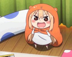 Rule 34 | 10s, 1girl, animated, animated gif, blush, doma umaru, female focus, fighting, fighting stance, himouto! umaru-chan, lowres, motion blur, open mouth, solo, ^^^, wooden floor