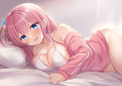 Rule 34 | 1girl, bed sheet, blue eyes, blush, bocchi the rock!, breasts, cleavage, collarbone, cube hair ornament, frown, gotoh hitori, hair ornament, jacket, large breasts, long hair, long sleeves, looking at viewer, lying, nikoo, no pants, off shoulder, on bed, on side, one side up, open mouth, pillow, pink hair, pink jacket, sleeves past wrists, solo, thighs, track jacket