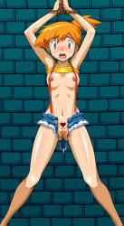 Rule 34 | 1girl, armpits, arms up, bdsm, blush, bondage, bound, breasts, censored, clothes lift, covered erect nipples, creatures (company), denim, denim shorts, female pubic hair, game freak, highres, misty (pokemon), muimui, nintendo, nipples, orange hair, pokemon, pubic hair, pussy, shirt lift, shorts, side ponytail, solo, suspenders, tattoo, torn clothes