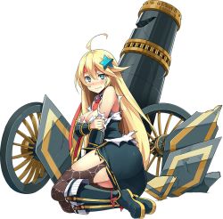 Rule 34 | 1girl, ahoge, bare shoulders, blonde hair, blue eyes, blush, boots, breasts, broken, broken weapon, cannon, cleavage, full body, goryoukaku (oshiro project), hachimaki, hair ornament, headband, kekemotsu, knee boots, large breasts, long hair, official art, oshiro project:re, oshiro project:re, pantyhose, pencil skirt, sitting, skirt, solo, star (symbol), star hair ornament, tearing up, torn clothes, torn pantyhose, transparent background, weapon