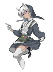 Rule 34 | 1girl, animal ears, arknights, ascot, black dress, black footwear, closed mouth, cropped legs, dark-skinned female, dark skin, dress, expressionless, flower, garter straps, gloves, grey hair, highres, holding, holding syringe, horse ears, leg up, long sleeves, looking at viewer, mabing, mary janes, official alternate costume, purple eyes, shoes, short hair, simple background, skirt hold, solo, standing, standing on one leg, syringe, thighhighs, tuye (arknights), tuye (cultivate vegetation) (arknights), white ascot, white background, white gloves, white thighhighs, zettai ryouiki