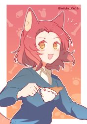 Rule 34 | 1girl, absurdres, animal ears, blue sweater, blush, brown eyes, commentary, cup, dog ears, dress shirt, girls und panzer, gradient background, highres, holding, holding cup, kemonomimi mode, light blush, long sleeves, looking at viewer, medium hair, miluke, no neckwear, notice lines, one-hour drawing challenge, open mouth, orange background, outside border, paw print, red background, red hair, rosehip (girls und panzer), school uniform, shirt, smile, solo, spilling, st. gloriana&#039;s school uniform, sweater, tea, teacup, twitter username, v-neck, white background, white shirt, wing collar