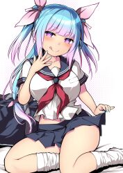 Rule 34 | 1girl, :q, absurdres, aqua hair, aqua nails, bag, blue skirt, blush, breasts, commentary request, hair ribbon, highres, i-19 (kancolle), kantai collection, kuromayu, large breasts, leg warmers, long hair, looking at viewer, miniskirt, multicolored hair, nail polish, neckerchief, pink eyes, pink hair, pink ribbon, pleated skirt, red neckerchief, ribbon, sailor collar, school uniform, serafuku, short sleeves, simple background, sitting, skirt, skirt hold, solo, star-shaped pupils, star (symbol), symbol-shaped pupils, tongue, tongue out, tri tails, white background