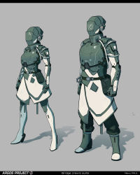 Rule 34 | 1boy, 1girl, alpyro, armor, arms at sides, asymmetrical clothes, belt, belt buckle, belt pouch, boots, breastplate, buckle, commentary, english commentary, full armor, full body, grey background, helmet, highres, original, pants, pouch, science fiction