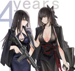 Rule 34 | 2girls, assault rifle, black dress, black hair, blue dress, bow, breasts, brown eyes, cleavage, criss-cross halter, dress, eye contact, eyepatch, girls&#039; frontline, grin, gun, hair bow, halterneck, hand on another&#039;s shoulder, highres, jacket, jacket on shoulders, kisetsu, long hair, looking at another, m16, m16a1, m16a1 (girls&#039; frontline), m4a1 (girls&#039; frontline), medium breasts, mole, mole under eye, multicolored hair, multiple girls, rifle, sidelocks, simple background, smile, streaked hair, trigger discipline, weapon