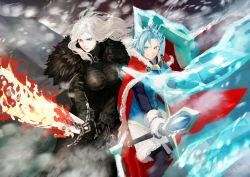 Rule 34 | 1boy, 1girl, abandoned star hyndra, absurdres, black gloves, blue hair, breasts, cape, fighting stance, flaming sword, flaming weapon, fur trim, gloves, highres, ice, large breasts, light blue hair, looking at viewer, moyatarou, outdoors, pale skin, pixiv fantasia, pixiv fantasia age of starlight, red cape, smirk, wand, white gloves