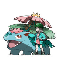 Rule 34 | 1girl, bike shorts, black jacket, black shorts, blacknirrow, blue jacket, brown eyes, brown hair, camouflage, camouflage headwear, closed mouth, commentary, creatures (company), english commentary, game freak, gen 1 pokemon, green headwear, hand on own hip, hat, jacket, leaf (pokemon), leaf (sygna suit) (pokemon), legs apart, long hair, long sleeves, mega pokemon, mega venusaur, multicolored clothes, multicolored jacket, nintendo, open clothes, open jacket, pokemon, pokemon (creature), pokemon masters ex, shoelaces, shoes, shorts, sideways mouth, simple background, smile, sneakers, standing, two-tone jacket, venusaur, white background