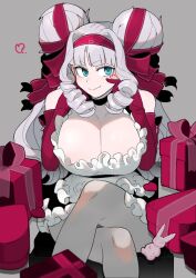 Rule 34 | 1girl, absurdres, bare shoulders, blue eyes, box, breasts, cleavage, cropped legs, crossed legs, double bun, dress, elbow gloves, frilled dress, frills, fujido oriko, giant ojou-sama, gift, gift box, gloves, grey hair, hair bun, hair ribbon, highres, large breasts, nikukaiq, red gloves, ribbon, ringlets, simple background, sitting, smile, solo, valentine, white dress