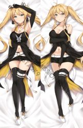 Rule 34 | 1girl, :o, alternate costume, antenna hair, arm up, armpits, azur lane, bare shoulders, bed sheet, belt, black dress, black gloves, black ribbon, black thighhighs, blonde hair, blush, breasts, brown choker, center opening, choker, cleavage, collarbone, commentary request, commission, dakimakura (medium), dinosaurus (azimangasaurus), dress, elbow gloves, from above, full body, gloves, green eyes, groin, hair between eyes, hair intakes, hair ribbon, high heels, highres, hornet (azur lane), hornet (bubbly anniversary!) (azur lane), jewelry, large breasts, long hair, looking at viewer, lying, midriff, multiple belts, multiple views, navel, necklace, on back, ribbon, short shorts, shorts, sidelocks, sleeveless, sleeveless dress, smile, thighhighs, twintails, very long hair, watermark, white belt, white footwear