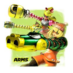 Rule 34 | 3girls, arms (game), beanie, blonde hair, blue eyes, boxing gloves, brown hair, copyright name, domino mask, goggles, green eyes, hair ribbon, hat, highres, mask, mechanica (arms), min min (arms), multicolored hair, multiple girls, nintendo, official art, punching, purple eyes, ribbon, ribbon girl (arms), two-tone hair