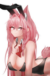 Rule 34 | 1girl, absurdres, alternate costume, animal ear fluff, animal ears, arknights, bare shoulders, bent over, black leotard, bow, bowtie, braid, breasts, cleavage, commentary, crossed bangs, detached collar, epitaph (ryaf8834), eyes visible through hair, fake animal ears, hair between eyes, hair intakes, highres, large breasts, leotard, long hair, looking back, open collar, paid reward available, pink eyes, pink hair, pink tail, playboy bunny, pozyomka (arknights), rabbit ears, red bow, red bowtie, simple background, solo, strapless, strapless leotard, sweatdrop, tail, traditional bowtie, undone bowtie, white background