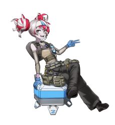 Rule 34 | 1girl, absurdres, apex legends, artpatient, backpack, bag, beige tank top, belt, black pants, blue gloves, colored skin, cosplay, crossed legs, d.o.c. health drone, detached sleeves, gloves, green belt, green eyes, grey hair, grey skin, headband, heterochromia, highres, hololive, hololive indonesia, kureiji ollie, lifeline (apex legends), lifeline (apex legends) (cosplay), looking to the side, multicolored hair, open mouth, pants, red hair, sitting, smile, solo, stitched face, stitches, transparent background, two-tone hair, v, virtual youtuber, white background, white headband, yellow eyes, zombie