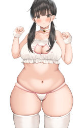 Rule 34 | 1girl, absurdres, black hair, blush, breasts, brown eyes, choker, cleavage, cleavage cutout, clothing cutout, collarbone, dress, frills, highres, large breasts, long hair, looking at viewer, navel, neneneji, original, parted lips, plump, simple background, skindentation, solo, strapless, strapless dress, thick thighs, thighhighs, thighs, tube dress, twintails, underwear, white background, wide hips, wristband