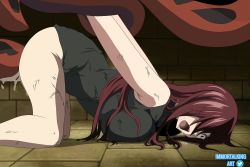 Rule 34 | 1girl, 1other, breasts, crying, crying with eyes open, doggystyle, erza scarlet, fairy tail, full body, highres, immortalking art, large breasts, long hair, monster girl, on floor, rape, restrained, self-upload, sex from behind, slime girl, tears, tentacle sex, tentacles, very long hair