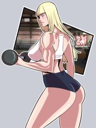 Rule 34 | 1girl, ass, bare shoulders, blonde hair, blue eyes, breasts, crop top, dumbbell, emilie de rochefort, from behind, large breasts, lips, long hair, micro shorts, muscular, muscular female, pululito, shorts, sleeveless, tekken