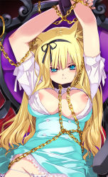 Rule 34 | 1girl, animal ears, arms up, bdsm, blonde hair, blue eyes, breasts, cat ears, chain, chair, clothes lift, collar, dress, dress lift, hair ribbon, large breasts, long hair, mamecchi, neko no wakusei, nipple slip, nipples, open clothes, panties, restrained, ribbon, slave, solo, string panties, underwear, white panties