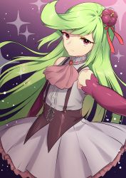 Rule 34 | 1girl, akagi kurage, bad id, bad twitter id, bare shoulders, buttons, closed mouth, creatures (company), crown, detached sleeves, dress, eyebrows, eyelashes, flat chest, floating hair, frilled dress, frills, game freak, gen 7 pokemon, green hair, grey dress, highres, inactive account, light particles, long hair, long sleeves, looking at viewer, mini crown, nintendo, outstretched arm, personification, pink eyes, pokemon, pokemon sm, purple background, skirt, solo, sparkle, suspender skirt, suspenders, tsareena, very long hair