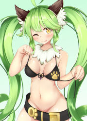 Rule 34 | 1girl, absurdres, ahoge, animal ears, belt, belt skirt, bikini, blush, braid, breasts, convenient censoring, deale (nyanko daisensou), green background, green hair, groin, highres, hip focus, long hair, medium breasts, no panties, nyanko daisensou, one eye closed, paw print, short twintails, smile, solo, swimsuit, tongue, tongue out, twin-7646, twintails, untied bikini, very long hair, wolf ears, yellow eyes