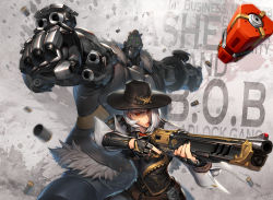 Rule 34 | 1boy, 1girl, aiming, arm cannon, armor, ashe (overwatch), black nails, bob (overwatch), bowler hat, character name, clenched hands, cowboy hat, dynamite, earrings, explosive, eyeliner, facial hair, fur trim, green eyes, gun, hat, height difference, hichi, highres, japanese armor, jewelry, kote, lever action, lips, lipstick, long hair, makeup, mole, mole above mouth, mustache, nail polish, necktie, omnic, overwatch, overwatch 1, red eyes, red lips, red neckwear, rifle, robot, shell casing, shirt, short hair, signature, sleeves pushed up, trigger discipline, weapon, white hair, white shirt