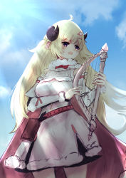 Rule 34 | 1girl, :d, absurdres, ahoge, blonde hair, blue sky, cape, cero421, commentary request, curled horns, day, detached sleeves, fur-trimmed collar, fur trim, hair ornament, hairclip, harp, highres, holding, holding instrument, hololive, horns, huge filesize, instrument, long hair, looking away, open mouth, pink cape, pouch, sheep horns, sky, smile, solo, tsunomaki watame, tsunomaki watame (1st costume), virtual youtuber