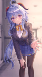 Rule 34 | 1girl, absurdres, ahoge, alternate costume, backlighting, black jacket, black pantyhose, blazer, blue hair, blue skirt, blush, bow, bowtie, breasts, closed mouth, feet out of frame, ganyu (genshin impact), genshin impact, hallway, hand on own knee, highres, horns, indoors, jacket, large breasts, leaning forward, long hair, long sleeves, looking at viewer, miniskirt, pantyhose, pleated skirt, purple eyes, school uniform, seungju lee, skirt, smile, solo, standing, very long hair, yellow bow