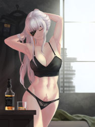 Rule 34 | 1girl, absurdres, alcohol, armpits, arms up, bare arms, bare shoulders, bed, black coat, black panties, blanket, bottle, breasts, building, camisole, cleavage, closed eyes, closed mouth, coat, unworn coat, collarbone, commentary, commentary request, cowboy shot, cup, day, drinking glass, english commentary, eyepatch, facing viewer, female pubic hair, girls&#039; frontline, hairdressing, head tilt, highres, indoors, jack daniel&#039;s, korean commentary, large breasts, light smile, m16a1 (boss) (girls&#039; frontline), m16a1 (girls&#039; frontline), multicolored hair, navel, one eye covered, orange hair, panties, partial commentary, pubic hair, revision, sangvis ferri, silver hair, solo, spoilers, stomach, streaked hair, table, tattoo, toned, un lim, underwear, underwear only, whiskey, window