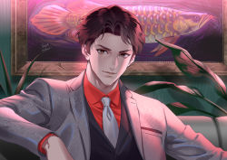 Rule 34 | 1boy, arapaima, artist name, banned artist, black vest, brown eyes, brown hair, closed mouth, coat, collared shirt, fashion, formal, looking at viewer, male focus, midori foo, necktie, original, painting (object), plant, red shirt, shirt, short hair, suit, upper body, vest, waistcoat, white coat, white necktie