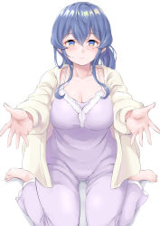 Rule 34 | 1girl, barefoot, blue eyes, blue hair, commentary request, gotland (kancolle), highres, kantai collection, long hair, looking at viewer, low ponytail, mole, mole under eye, official alternate costume, outstretched arms, pajamas, simple background, sitting, solo, takomeshi, wariza, white background