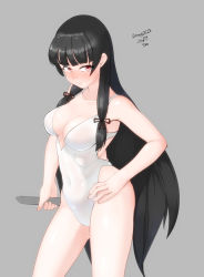 Rule 34 | 1girl, black hair, breasts, casual one-piece swimsuit, cleavage, contrapposto, dated, grey background, hair ribbon, hand on own hip, highres, isokaze (kancolle), kantai collection, long hair, looking at viewer, maru (marg0613), medium breasts, one-piece swimsuit, red eyes, ribbon, simple background, solo, standing, swimsuit, tress ribbon, twitter username, white one-piece swimsuit