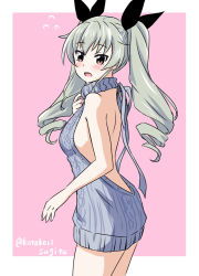 Rule 34 | 1girl, anchovy (girls und panzer), aran sweater, backless dress, backless outfit, bare back, black ribbon, blue dress, blush, cable knit, commentary, cowboy shot, dress, drill hair, flying sweatdrops, from behind, frown, girls und panzer, green hair, hair ribbon, katakori sugita, long hair, looking at viewer, looking back, meme attire, naked sweater, one-hour drawing challenge, open mouth, outside border, pink background, red eyes, ribbed sweater, ribbon, short dress, solo, standing, sweater, sweater dress, turtleneck, turtleneck sweater, twin drills, twintails, twitter username, virgin killer sweater