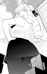 Rule 34 | breasts, building, bun cover, crack, cracked wall, fujido oriko, giant, giant ojou-sama, giantess, hand on own hip, highres, large breasts, looking at viewer, looking back, miniskirt, monochrome, nikukaiq, open mouth, pantyhose, ringlets, school uniform, short sleeves, skirt