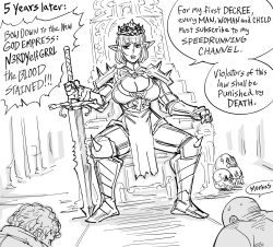 Rule 34 | 2boys, armor, bb (baalbuddy), bob cut, breasts, cleavage, cleavage cutout, clothing cutout, commentary, crown, elf, english commentary, english text, gauntlets, greyscale, hand on hilt, highres, holding, holding sword, holding weapon, large breasts, monochrome, multiple boys, original, pauldrons, pelvic curtain, planted, planted sword, planted weapon, pointy ears, short hair, shoulder armor, shoulder spikes, sitting, skull, solo focus, spikes, spread legs, sword, throne, weapon