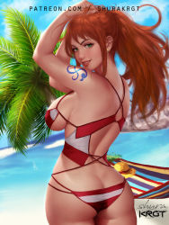 Rule 34 | 1girl, ass, back, beach, bikini, blue sky, breasts, butt crack, day, earrings, from behind, green eyes, hammock, hand on own head, hat, jewelry, large breasts, nami (one piece), ocean, one piece, orange hair, outdoors, palm tree, ponytail, shurakrgt, sideboob, sidelocks, signature, sky, smile, solo, straw hat, striped bikini, striped clothes, swimsuit, tattoo, tree, water