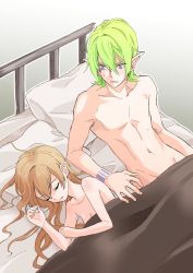 Rule 34 | 1boy, 1girl, bishounen, breasts, brown hair, cleavage, coma (macaron), commentary request, closed eyes, faize scheifa beleth, green hair, groin, highres, long hair, lying, lymle lemuri phi, on back, on side, pointy ears, purple eyes, small breasts, star ocean, star ocean the last hope