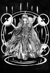 Rule 34 | 1girl, absurdly long hair, absurdres, black dress, black feathers, book, breasts, cape, cloak, closed mouth, collarbone, commission, commissioner upload, dress, expressionless, feathers, fire emblem, fire emblem: the binding blade, fire emblem heroes, greyscale, gwynelle tovera, highres, holding, holding book, long hair, long sleeves, magic, magic circle, medium breasts, monochrome, nintendo, solo, sophia (fire emblem), very long hair