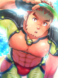 Rule 34 | 1boy, :o, abs, akashi (live a hero), akashi (water bullet) (live a hero), bara, bare pectorals, beach, black gloves, bulge, day, facial hair, gloves, highres, karamaru (karamari 11), large pectorals, live a hero, looking at viewer, male focus, male swimwear, muscular, muscular male, navel, nipples, official alternate costume, open mouth, outdoors, pectorals, red eyes, red hair, red male swimwear, scar, scar on face, scar on nose, solo, summer, swim briefs, visor cap