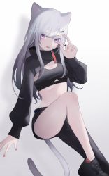 Rule 34 | 1girl, absurdres, animal ears, asymmetrical clothes, black footwear, black pants, black shirt, breasts, cat ears, cat girl, cat tail, cleavage, clothing cutout, crop top, fang, grey hair, hand up, high collar, highres, knee up, long hair, long sleeves, looking at viewer, medium breasts, midriff, migihidari (puwako), nail polish, no socks, open mouth, original, pants, purple eyes, shirt, shoes, shrug (clothing), simple background, single pantsleg, sleeveless, sleeveless shirt, smile, sneakers, solo, stomach, tail, thighs, underboob cutout, white background