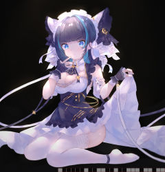Rule 34 | 1girl, absurdres, animal ears, apron, ass, azur lane, black background, blue eyes, blue hair, breasts, cheshire (azur lane), cleavage, detached sleeves, dress, fake animal ears, frilled hairband, frilled headband, frilled ribbon, frills, full body, garter straps, hairband, hand to own mouth, highres, large breasts, long ribbon, maid, maid headdress, multicolored hair, naycot, puffy detached sleeves, puffy sleeves, purple apron, purple hair, ribbon, simple background, solo, streaked hair, thighhighs, two-tone hair, white thighhighs, wrist cuffs