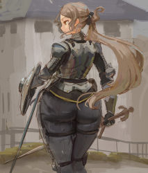 Rule 34 | 1girl, armor, ass, brown hair, building, female knight, gauntlets, grass, holding, holding shield, holding weapon, huge ass, kazo (kazozakazo), knight, long hair, outdoors, pantyhose, ponytail, sheath, shield, skin tight, sky, sword, weapon, yellow eyes