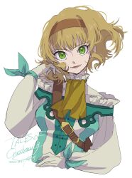 Rule 34 | 1girl, ascot, belt buckle, blonde hair, blue ribbon, blunt bangs, breasts, buckle, collar, commentary request, cropped torso, dated, floating hair, frilled collar, frills, fujiomi161, green eyes, hairband, high collar, highres, long sleeves, looking at viewer, medium breasts, natalia luzu kimlasca lanvaldear, open mouth, ribbon, shirt, short hair, shoulder belt, smile, solo, tales of (series), tales of the abyss, upper body, white background, white shirt, wrist ribbon, yellow ascot