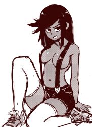 Rule 34 | 1girl, akairiot, breasts, commentary, dark-skinned female, dark skin, english commentary, fang, leg up, long hair, looking at viewer, lupe (akairiot), medium breasts, monochrome, navel, original, screentones, shoes, shorts, sitting, sneakers, solo, suspender shorts, suspenders, swept bangs, thighhighs, topless, topless male, white thighhighs